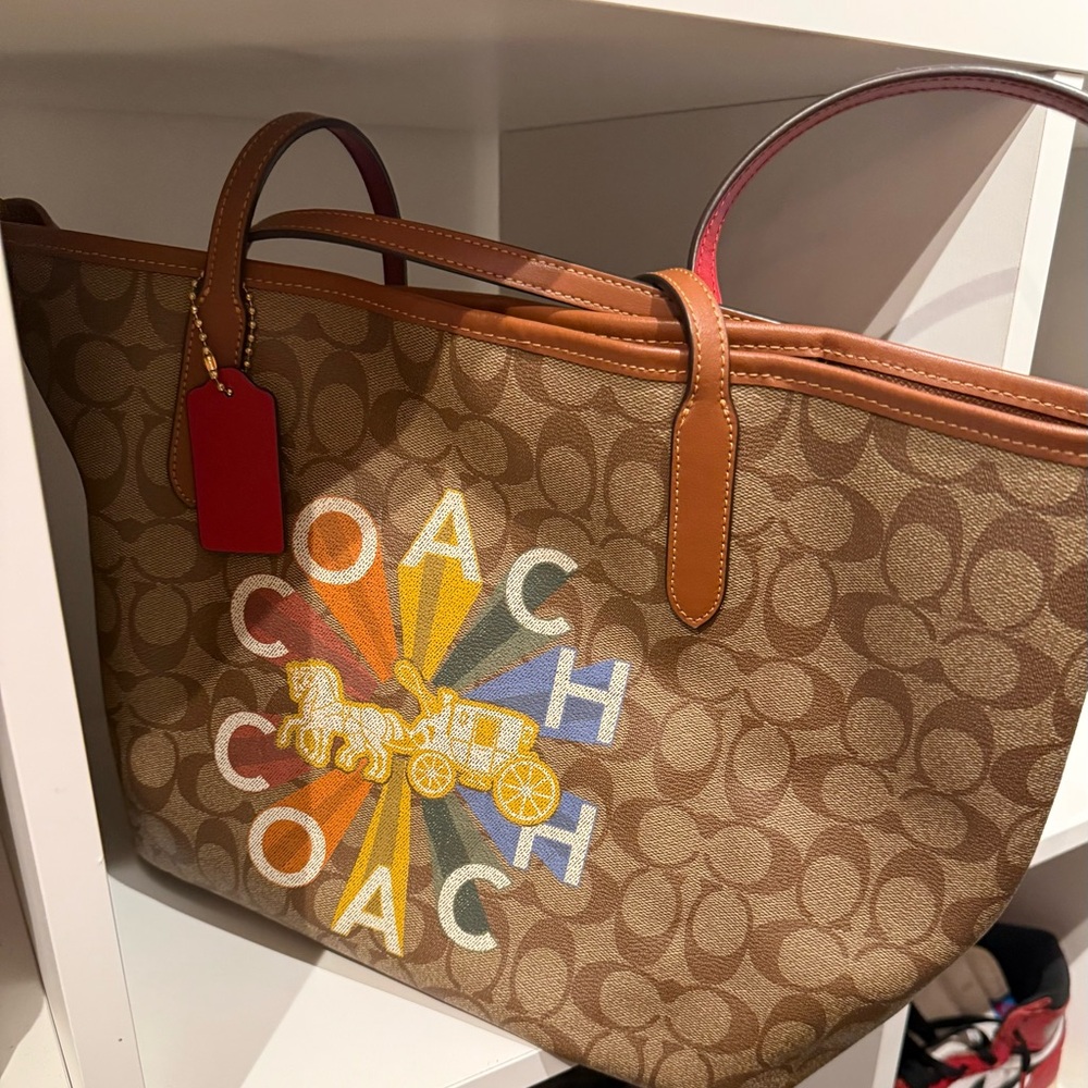 Coach Brown Signature Tote with Multicolor Logo Burst